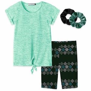 Girls Green Top & Geometric Print Shorts Set (scrunchies not included)